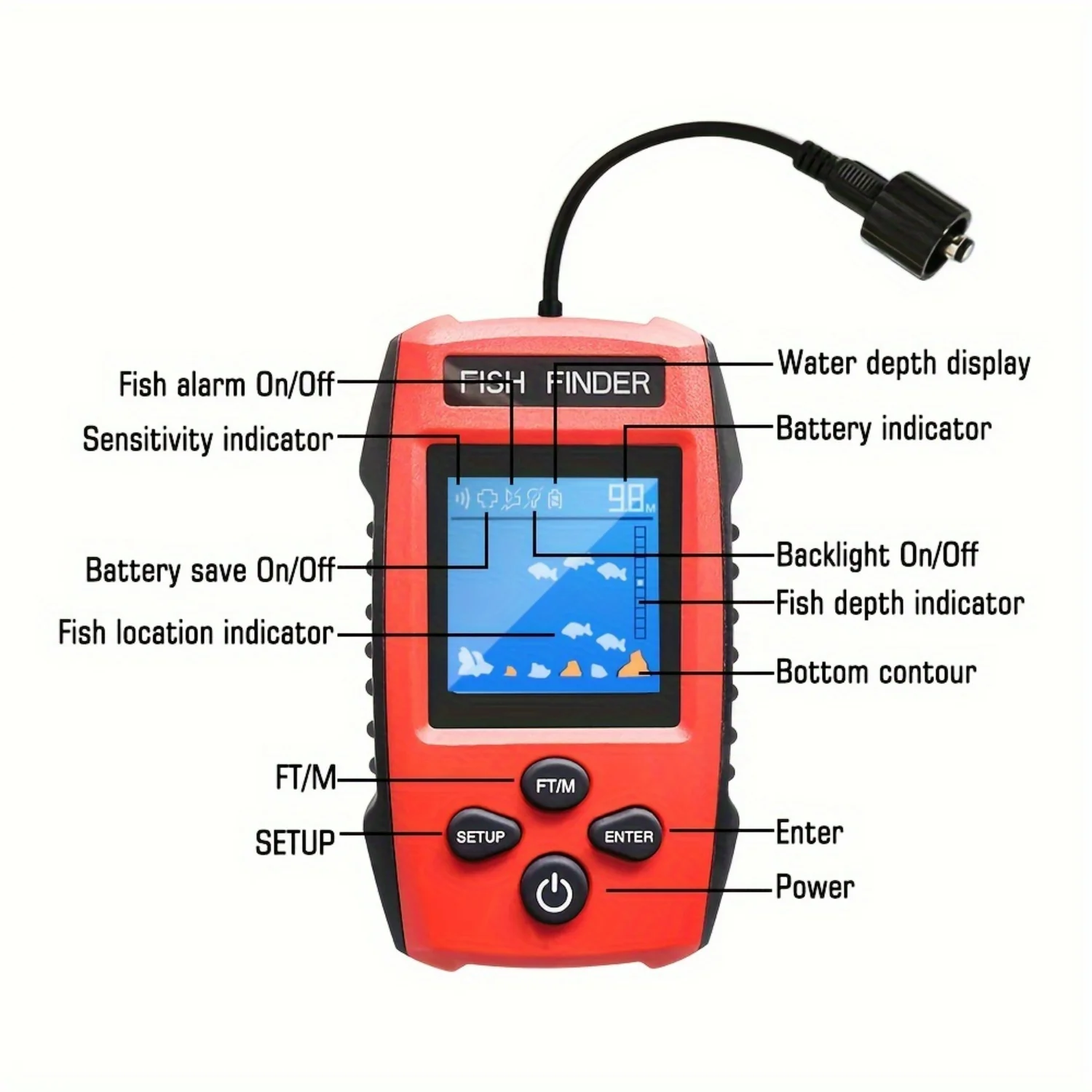 TL88E Handheld Color Screen Fish Finder, Wired Sensor Handheld Fish Finding Boat Kayak LCD Depth Meter Portable Display Sensor