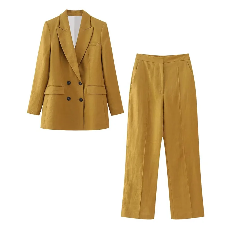 

Woman Elegant Yellow Linen Straight Blazer Suit 2023 Spring Female Solid Double Breasted Blazers Suits High Waisted Pant Sets