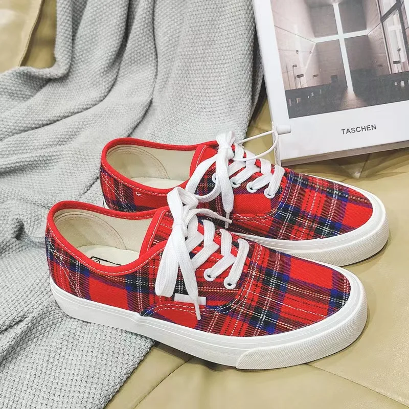 

New Design Red Plaid Ladies Female Platform Thick Sole Tennis Women Walking Style Shoes Sneakers
