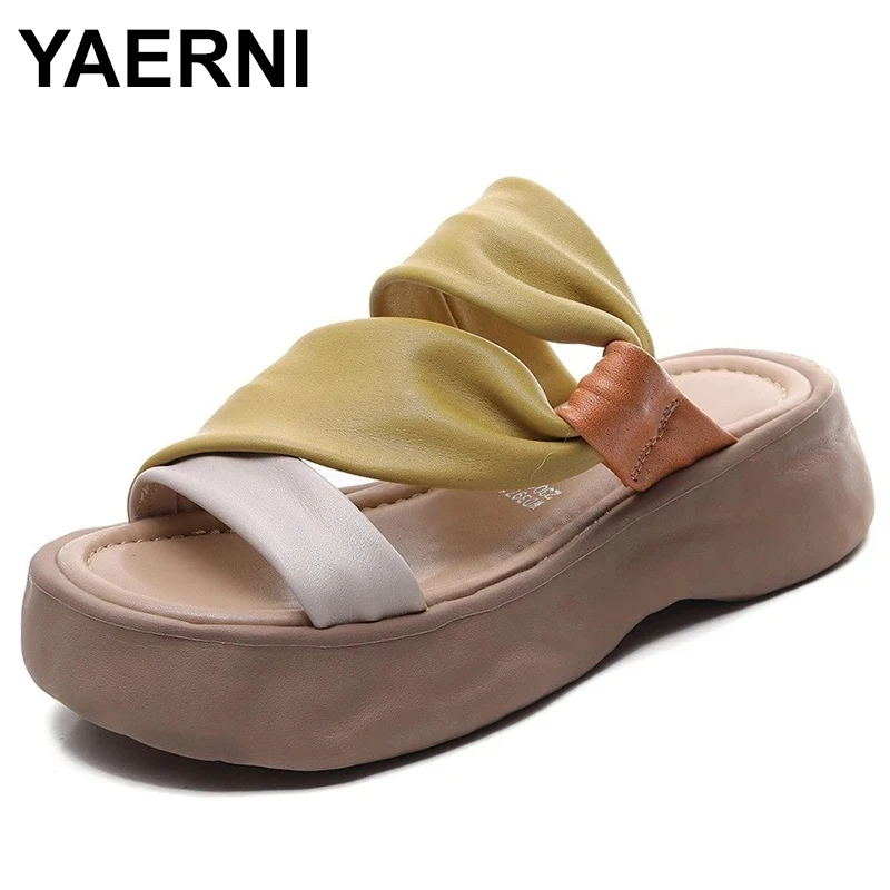 

5cm Mocasins Summer Slippers Women Platform Wedge Genuine Leather Peep Toe Multicolor Fashion Ethnic Comfortable Shoes