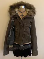 Fashion Outerwear Brown Jacket Women's Coats Slim Fit Vintage Fur Collar Kpop Femme Zipper Clothes Harajuku Y2k High Street Tops