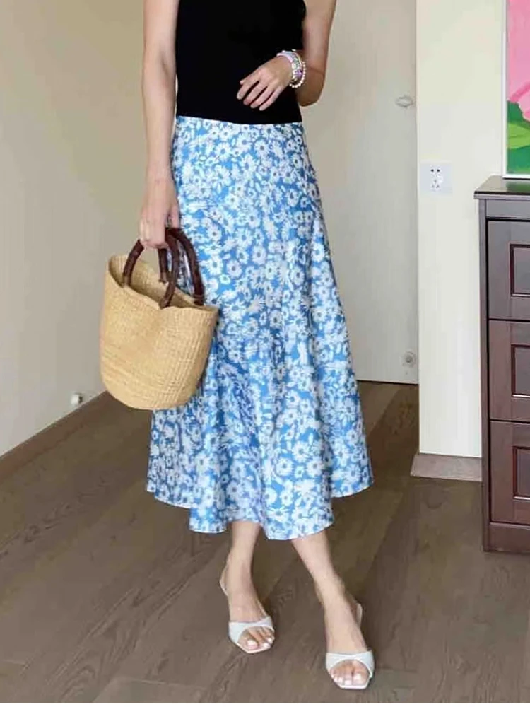 

Women Baby Blue Floral Daisy Print A-line Midi Summer Skirt 2023 New In