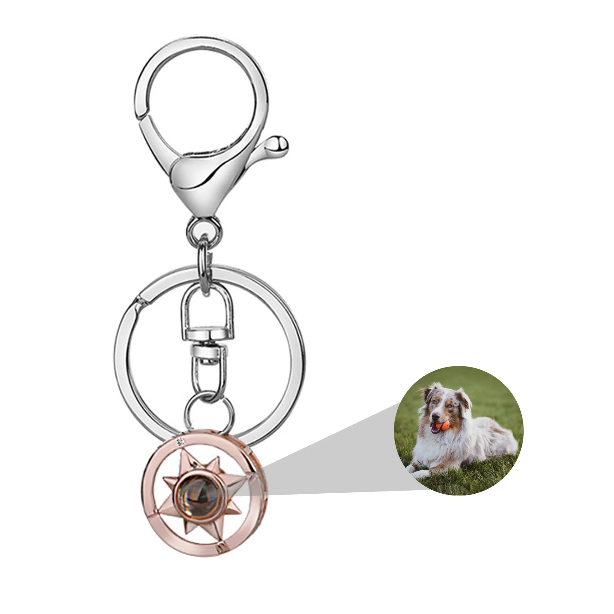 Customizable Photo Projector Keychain With Silver Compass Personalized