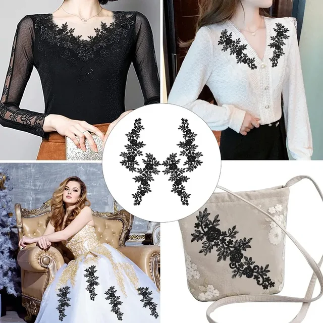 2 Paia Toppe In Pizzo Nero Ricamate Con Perline Floreali - Per Abiti Da Sposa, Costumi, Fai Da Te - 32x16 Cm - Foto 8
