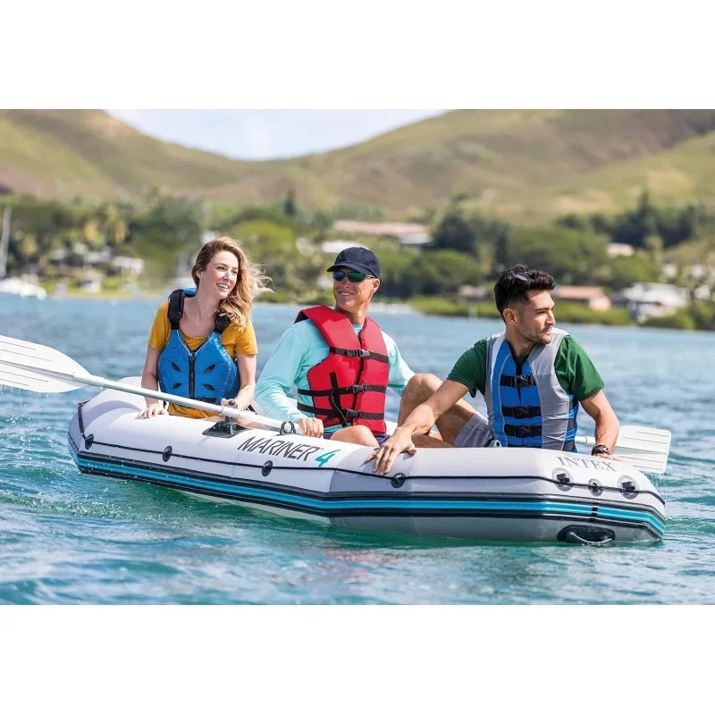 68376EP Mariner 4 Inflatable Boat Set: Includes Deluxe 54in Boat Oars and High-Output Pump &ndash; Wear-Resistant Keel &ndash; Removable Fis