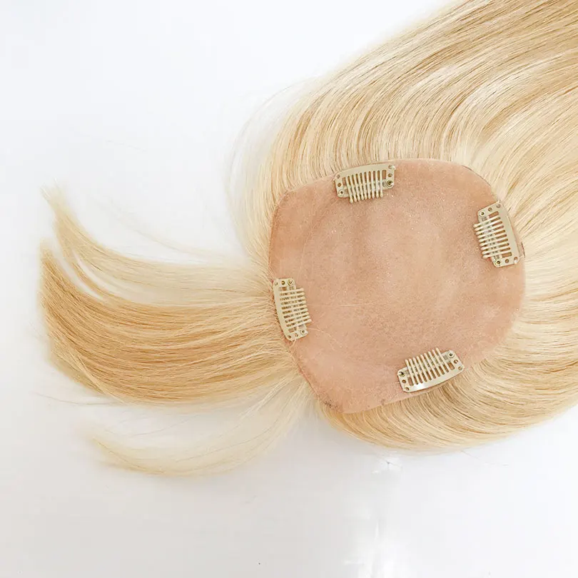 여성용 블론드 컬러 실크 베이스 토퍼, 에어뱅 포함, 자연스러운 두피 탑 베이스, 스트레이트 인모 피스, 클립 포함, 15x16cm, 12x13cm