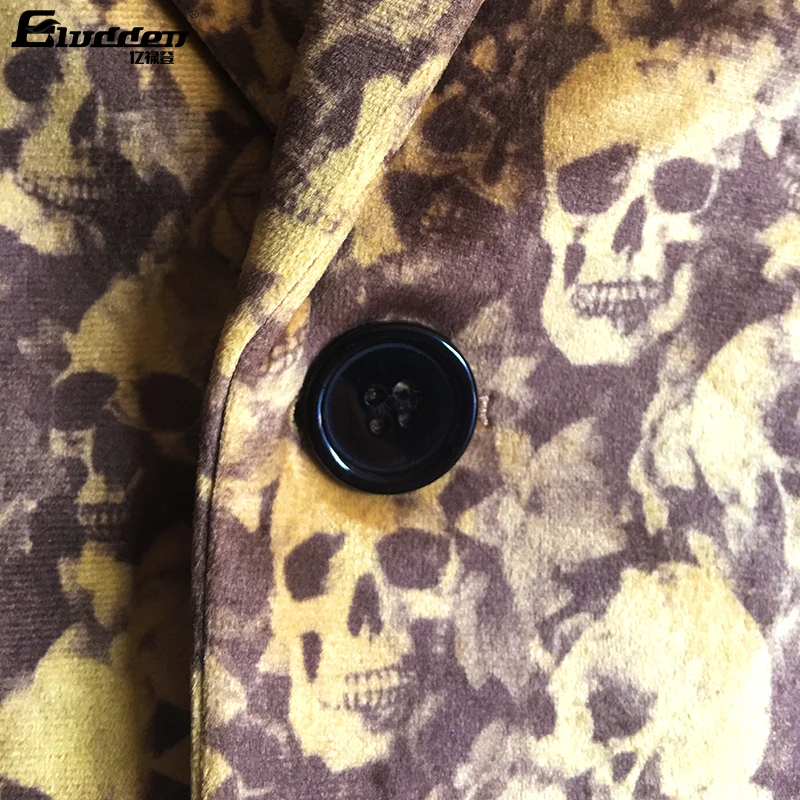 Men Digital Printing Velvet Fabric Blazer Floral Pattern Pleuche Suit Jackets Digital Printed Skull Pattern Flannel Suit Blazers