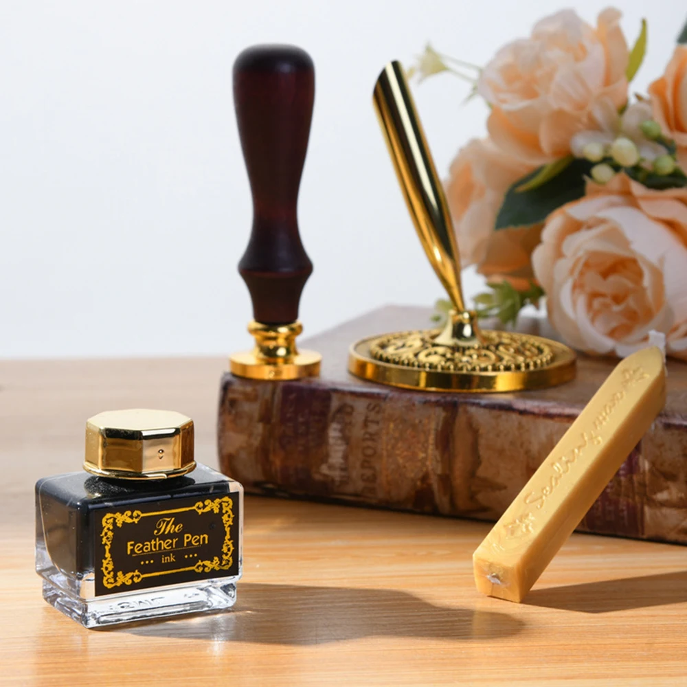 New Retro Feather Dip Ink Pen Set Vintage Calligraphy Writing Signature PU Leather Notebook&2 Nibs & Wax  Seal