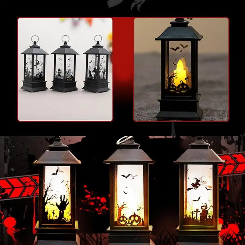 

Halloween Portable Lanterns Vintage Style Lantern Flameless Decorative Lamp With Spooky Silhouette Lighted LED Candle Lanterns