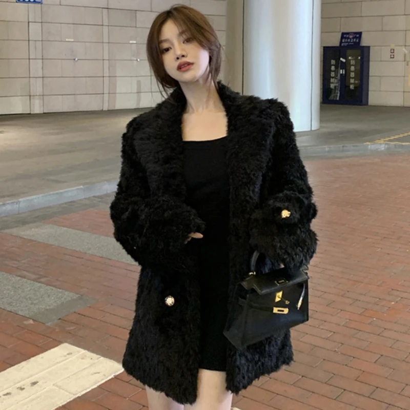 Mid Length Faux Fur Coat for Women, Thick and Warm Outwear, Loose Lapel, Long Sleeve, Casual Fashion, Korean Style, Winter, 2024