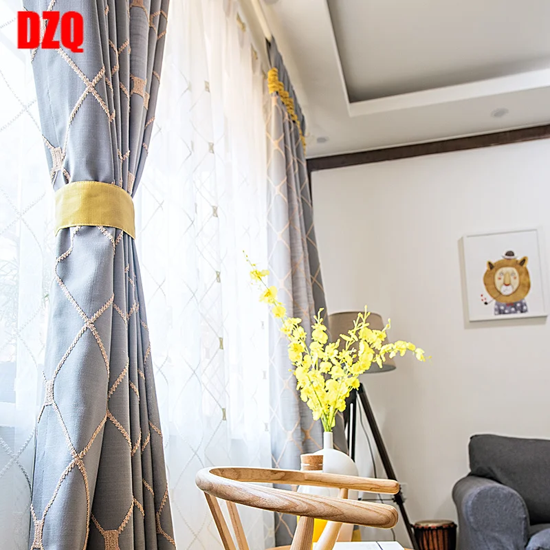 

Curtains for Living dining room bedroom blue check Simplicity modern new chinese style American style High luxury embroidery