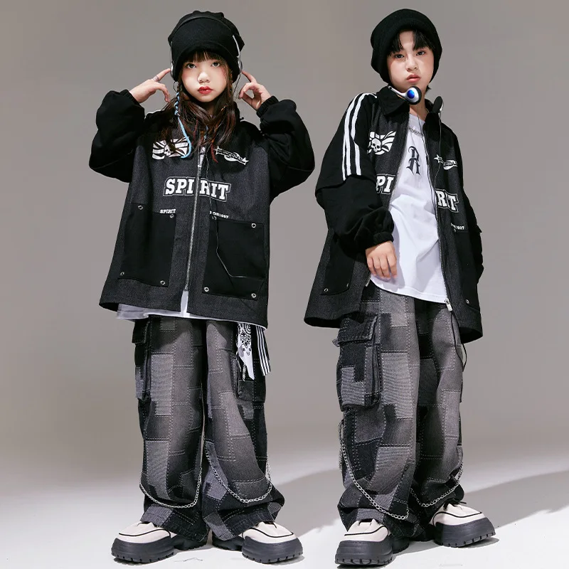 Kids Street Dance Clothing Teenager Hip Hop Dance Costume Loose Black Denim Coat Pants Boys Girls Jazz Drum Show Stage Clothes