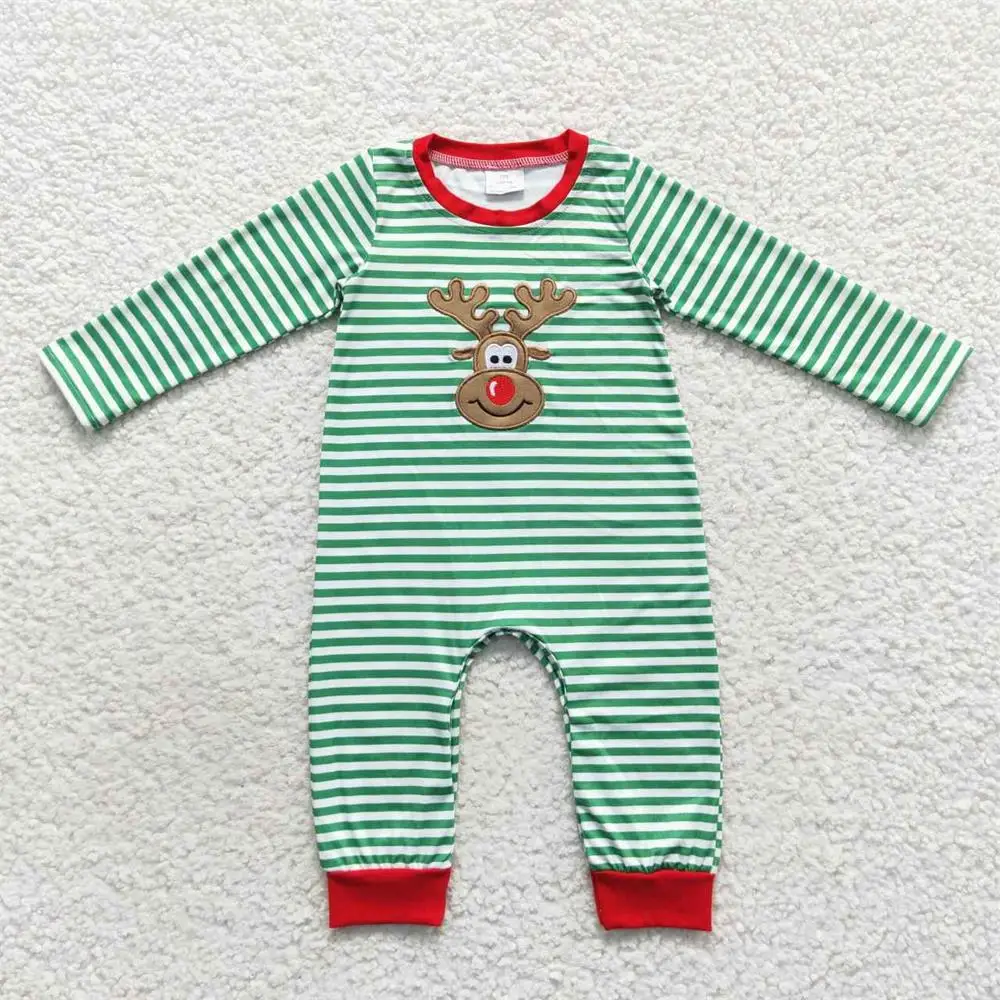 

Newborn Christmas One Piece Baby Boy Embroidery Reindeer Romper Kids Toddler Long Sleeves Infant Children Green Stripes Jumpsuit