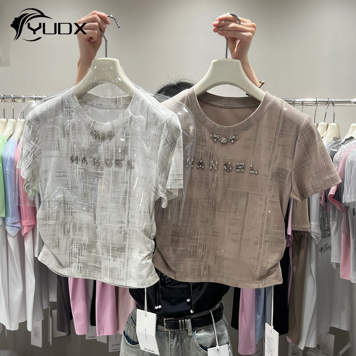 

YUDX 2024 New Summer Women Short Sleeve T-shirt Water Diamond Beads Letters High Waist Spice Girls Crop Top Slim Basic Tees