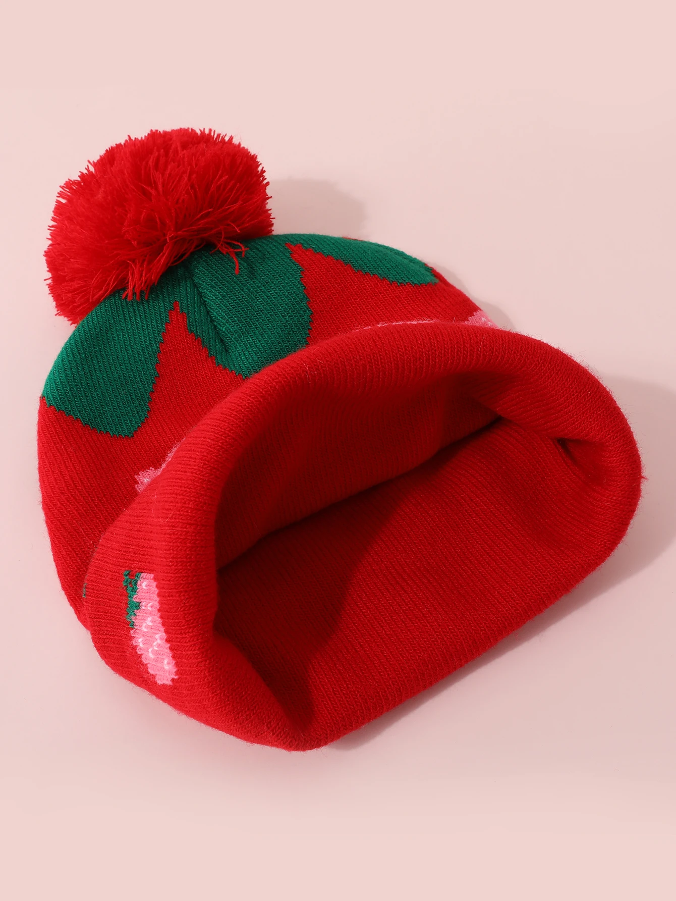 Winter children's jacquard strawberry knitted hat cute fur ball girl's brimless casual hat outdoor warm bean cold
