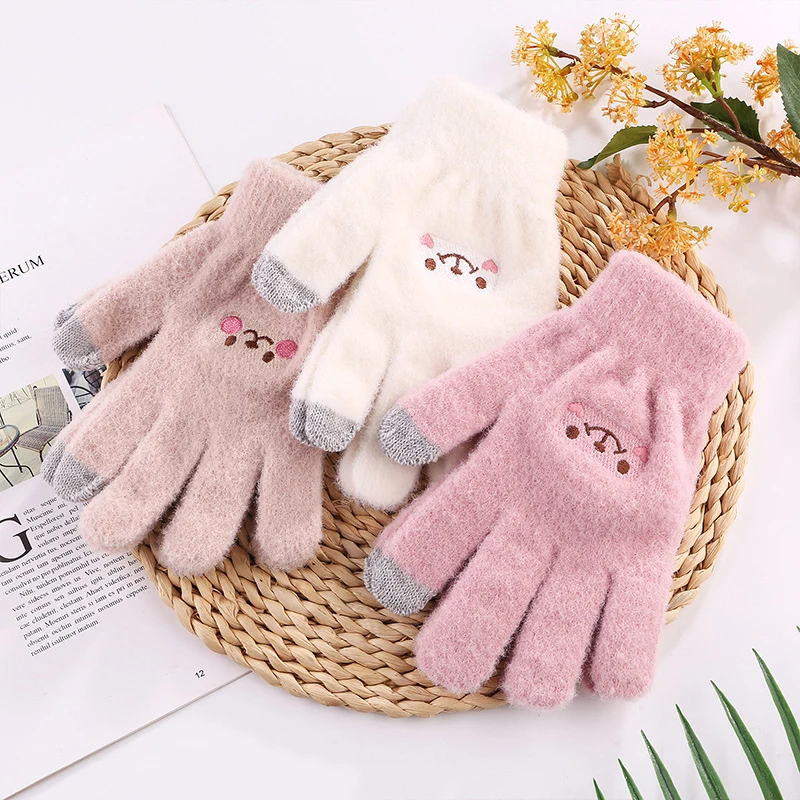 1 Pair Winter Knitted Gloves Women Warm Full Finger Gloves Touch Screen Mittens Windproof Cycling Driving Gloves