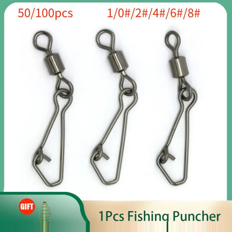 

50pcs/100pcs/pack 1/0#/2#/4#/6#/8# Bearing Fishing Swivels Snap Rolling Connector Swivel With Hooked Snap Fishing Accessories