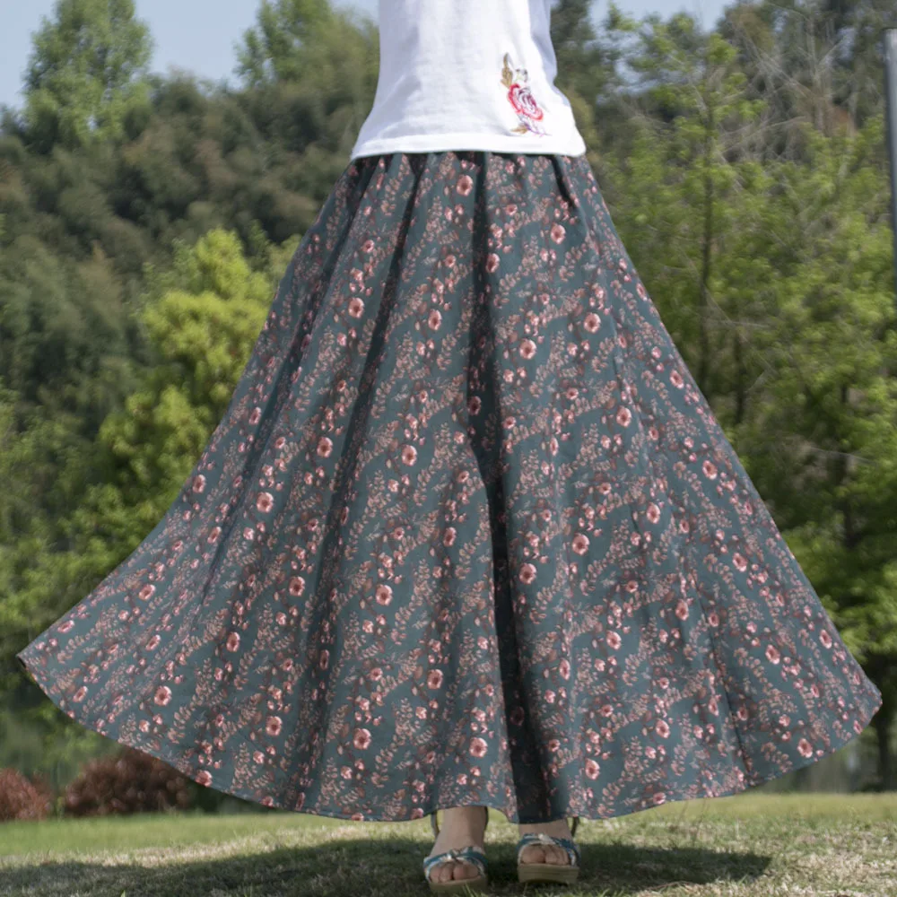 TIYIHAILEY Free Shipping 2023 New Fashion Long Maxi A-line Elastic High Waist Women Cotton And Linen Print Skirts Big Hem desktop shipping label printer high speed