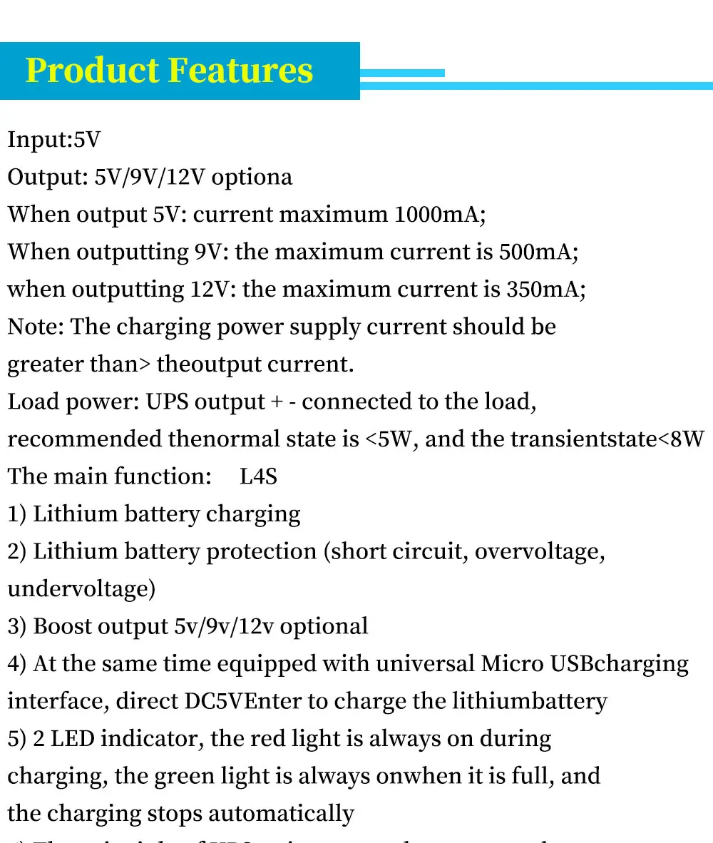 Description Picture 2 of item5V 9V 12V 18650 Lithium Battery Boost Step Up Module UPS Uninterruptible Power Supply Module Charge Discharge the Same Time 1A