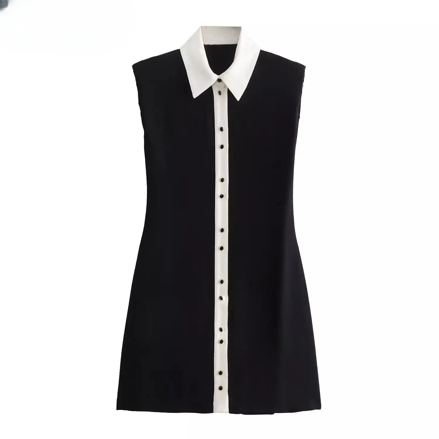 

Women Fashion Summer Contrast Lapel A Line Mini Shirt Dress Chic Female Vintage Short Sleeveless Evening Clothing Mujer