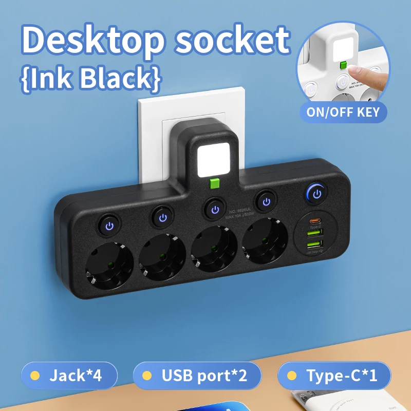 ตัวเลือกสินค้า ปลั๊กพ่วง EU 4 ช่อง 2 USB 1 Type-C สวิตช์แยก ไฟกลางคืน