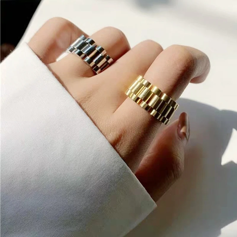 8/10mm  HipHop Watch Chain Band Ring Men Women Rose Gold Color Stainless Steel Strap Watchband Style Wedding Rings Jewlery 6