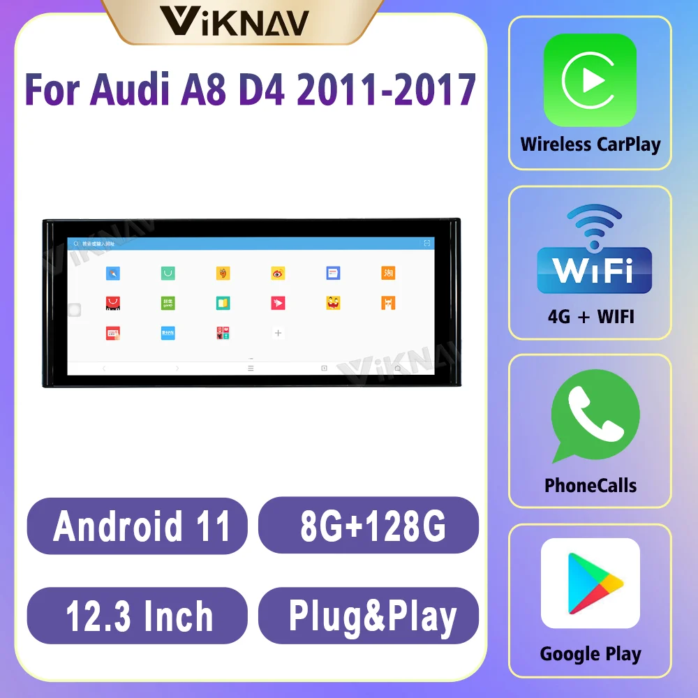 

12.3 Inch 128GB Android 11 PX8 Carplay Radio For Audi A8 D4 2011-2017 Multimedia DVD Stereo GPS Navigation Plug&Play 360 View