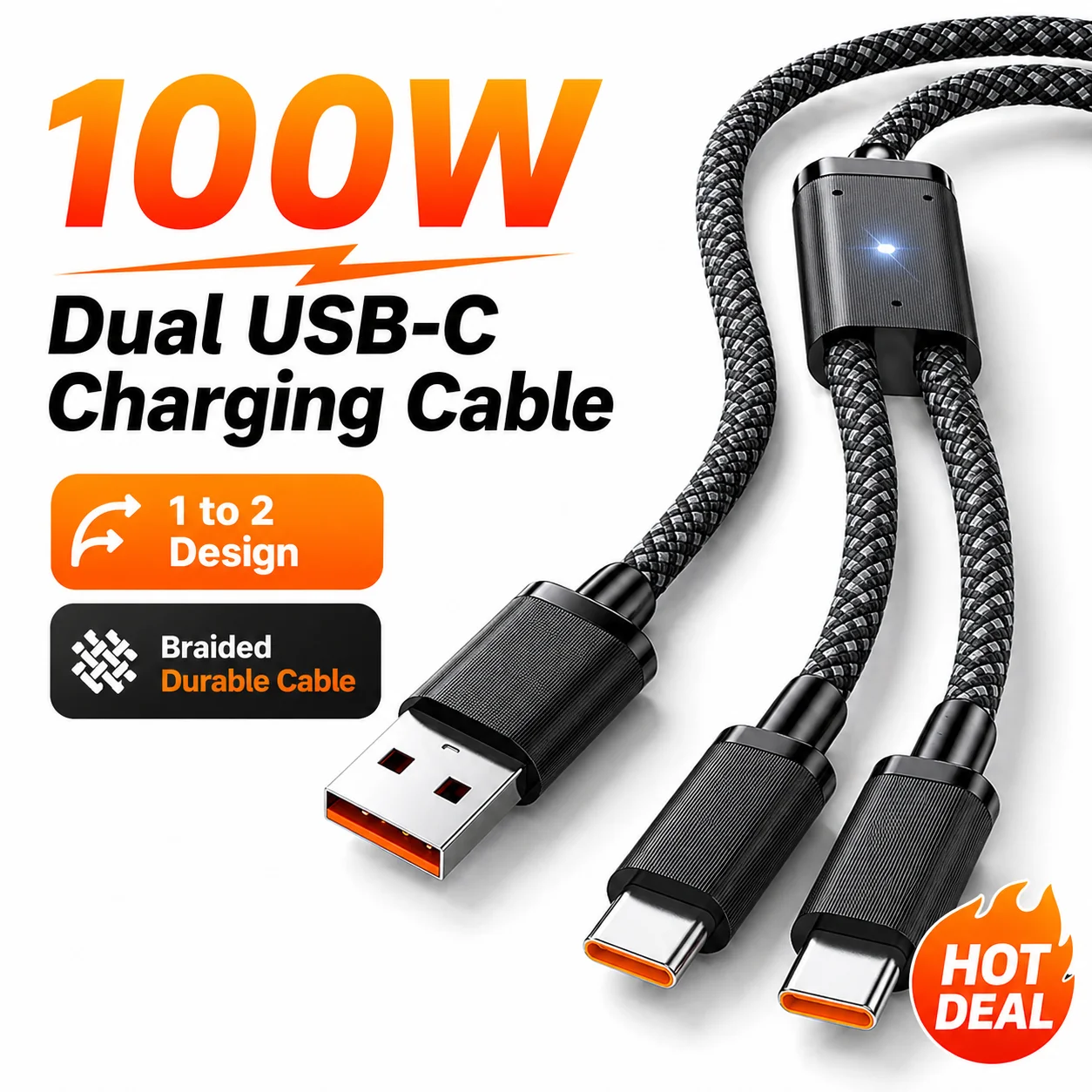 Dual-Port Type-C Cable: 100W Fast Charging with Multi-Port Connectivity