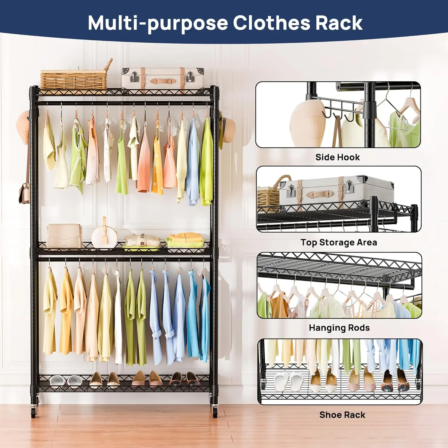 Heavy Duty Metal Clothes Rack with Lockable Wheels, 3-Tier Adjustable Garment Clothing Rack for Hanging Clothes, Wardrobe