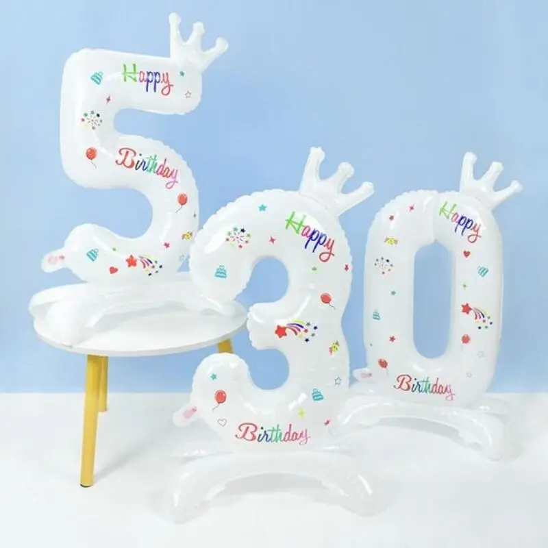 

32inch White Number Stand Foil Balloon with Crown 0-9 Digital Balloons for Kids Happy Birthday Decorations Baby Shower Supplies