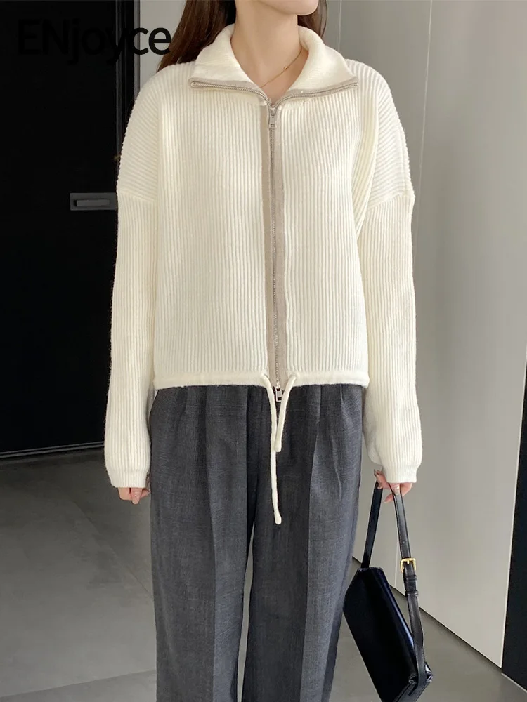 

ENjoyce Spring Fall Women Vintage Lapel Zip Up Sweater Knitted Coat Korean Fashion Cardigans Knitwear Cropped Tops Streetwear