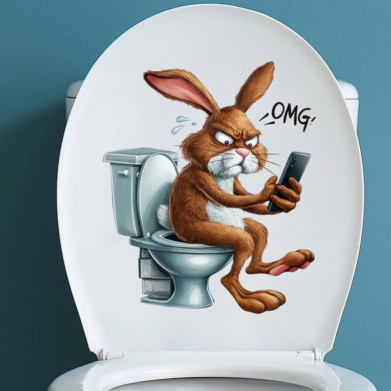 Super Funny Cartoon Animal Toilet Stickers Anime Rabbit Peter Playing Games 3D Vinyl Wall Decals Home Bathroom WC Decoration