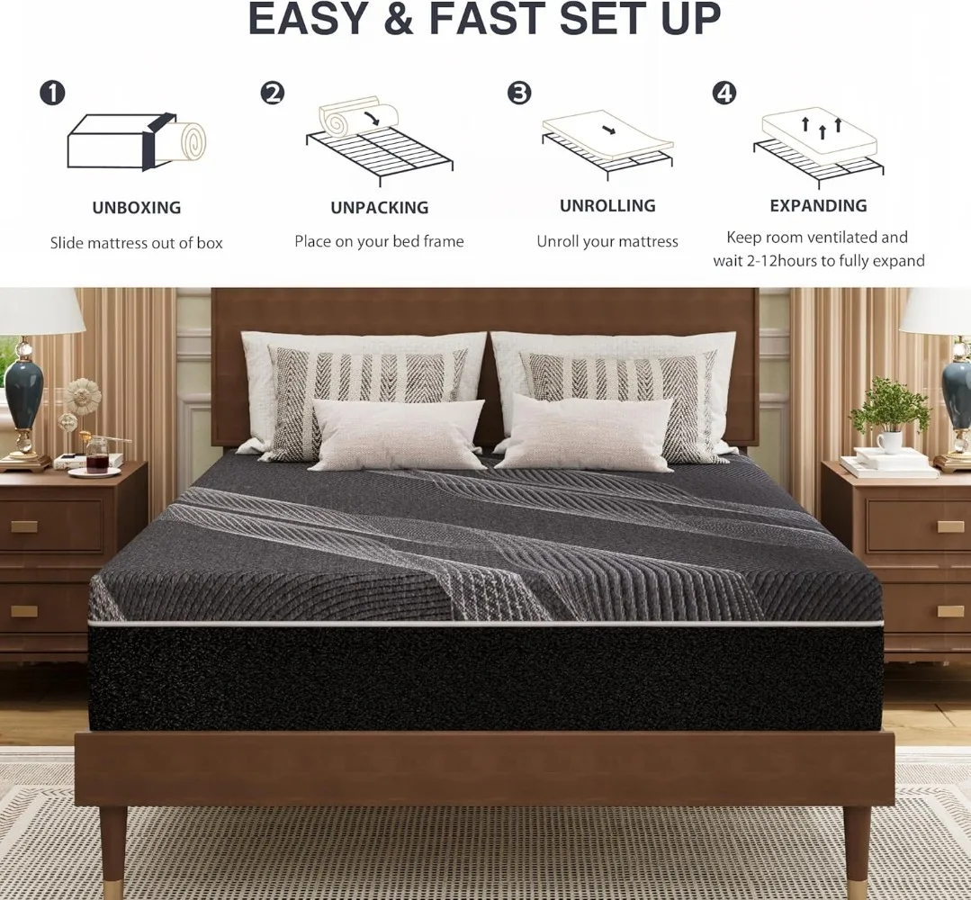 Queen Mattress 12 Inch Charcoal Memory Foam Mattress in a Box, CertiPUR-US Certified, Fiberglass Free, Gel Double Mattress 6