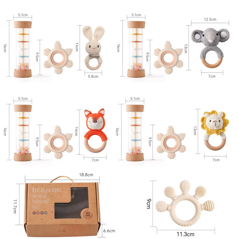 Rain Stick Rainbow Hourglass Rattle Toys Set BPA Free Silicone Soothing Toys Crochet Animal Wooden Bracelet Teether 3pcs teething toys silicone teething toys