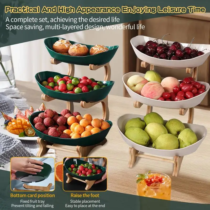 3 Tier Fruit Basket, 1 Count Large Capacity Tiered Fruit Basket Stand, Bamboo Fruit Basket Fruit Tray Snack Nuts Bread 4
