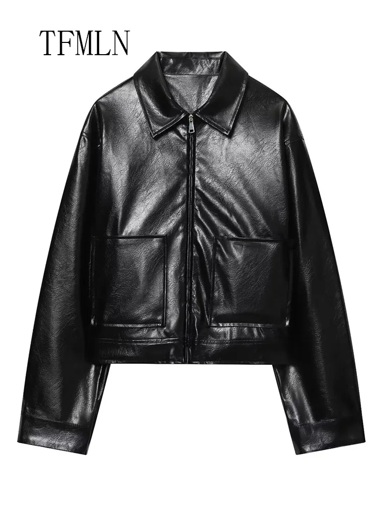 Retro Women Faux Leather Jacket+Skirt Short Sets 2025 New Chic Causal Lapel Pockets Loose Coats Side Zipper Skirt Short Outfits