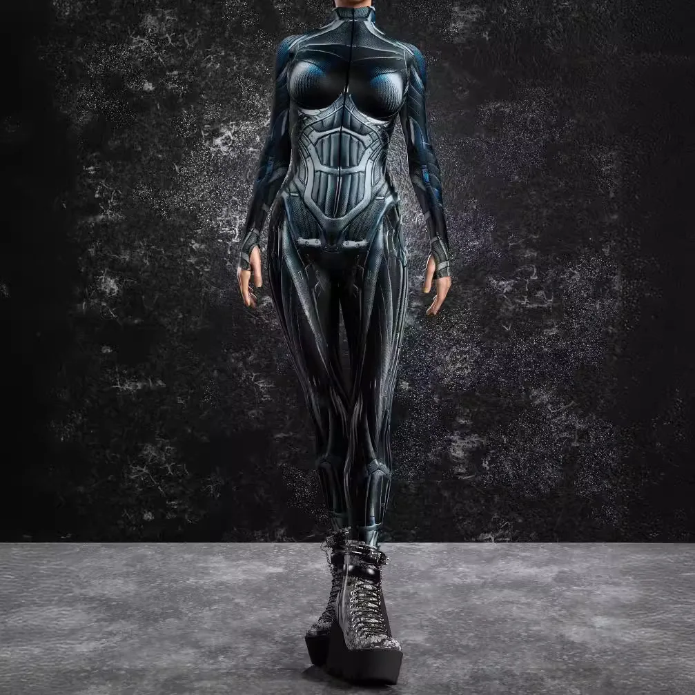 Women's Cybernetic Warrior Bodysuit - Sci-Fi Chrome Armor Cosplay Costume, Futuristic Jumpsuit