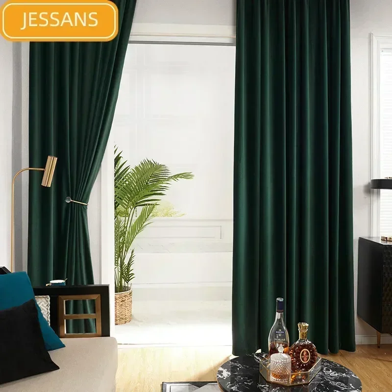 Window Curtains decor curtains Dark Green Velvet Curtain Solid Color Thickened For Living Room Bedroom Dining Room Partition Decoration