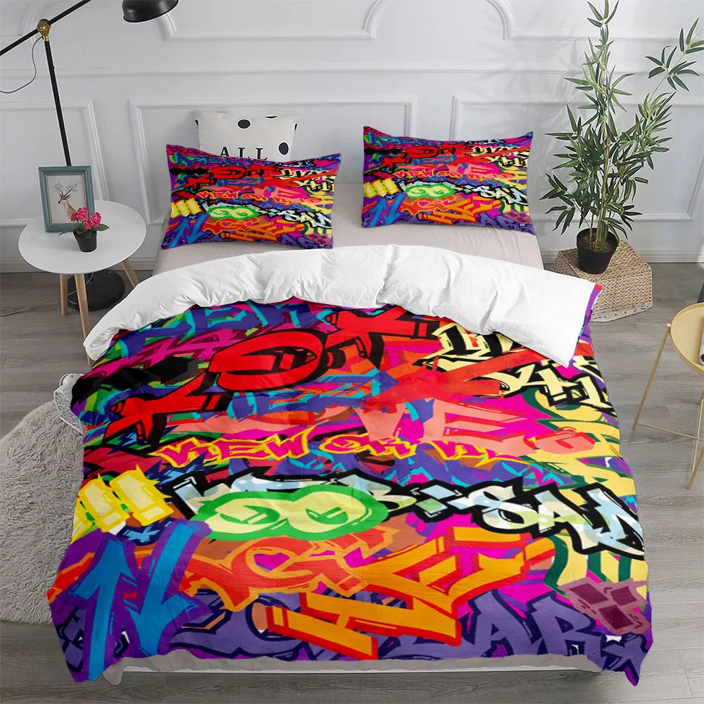 Graffiti Rainbow Friends Cartoon Duvet Cover UK Single Double King US Twin Full Queen Size Bed Linen Set 5