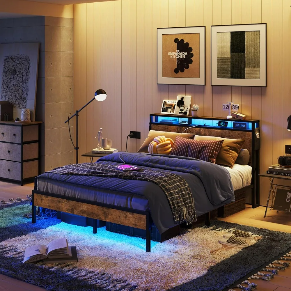 

Full Size Bed Frame with Headboard and Storage Dual LED Platform Bed Frame with Charging Station Beds
