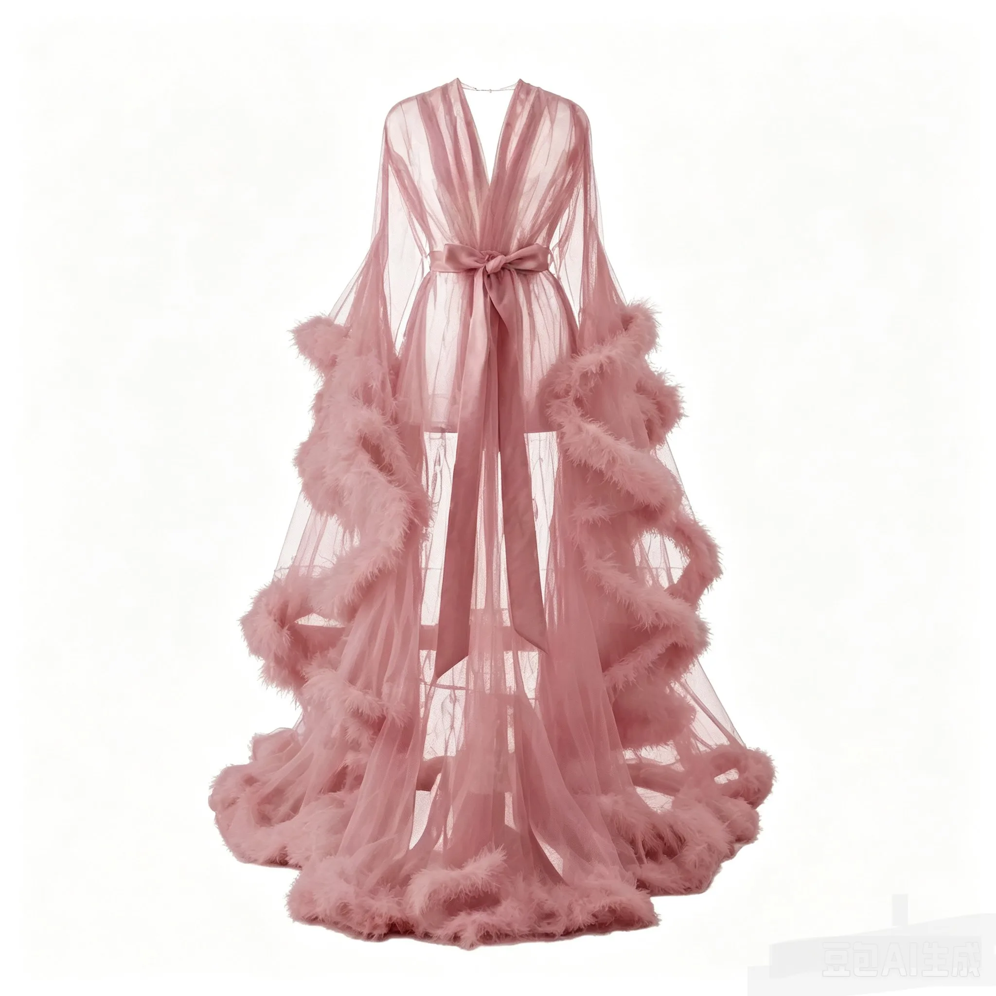 Sexy Feather Perspective Flared Sleeve Trailing Long Dress with Multiple Colors Available Mesh Women's Loose Pregnant Dress