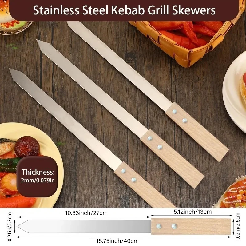 Kabab Koobideh Skewers 2.3cm Wide Flat Stainless Steel Grilling BBQ Skewer Reusable Barbecue Skewers Flat Stick with Wood Handle 5