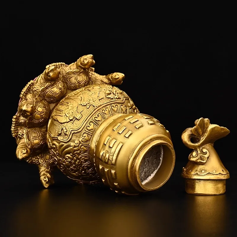 Antique Brass Tian Yi Gourd, 9 Tortoise Figurine for Wealth Health Blessing, Chinese Metaphysical Feng Shui Cure Collector Item