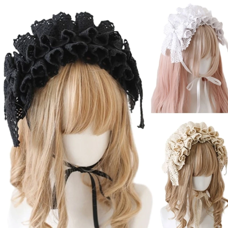 

Lolita Girls Cosplay Maid Headband Women Gothic Headpiece Lady Sweet Bowknot Ruffled Hairband Party Costume Headwrap Photo Props