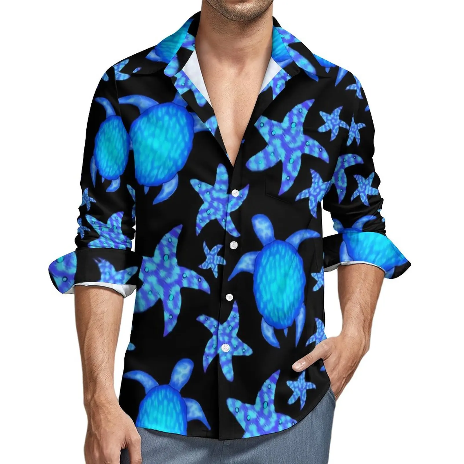 

Blue Turtles Aesthetic Casual Shirt Men Starfish Print Shirt Autumn Loose Blouses Long Sleeve Printed Oversized Top