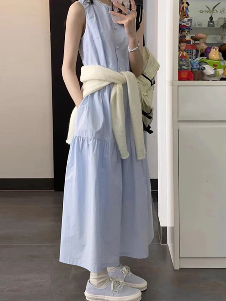 Süße Damen A-Linie Kleid Sommer Französisch einfarbig schlanke Frauen Kleid blau lässig lose Mode Straße ärmellose Frau Kleid
