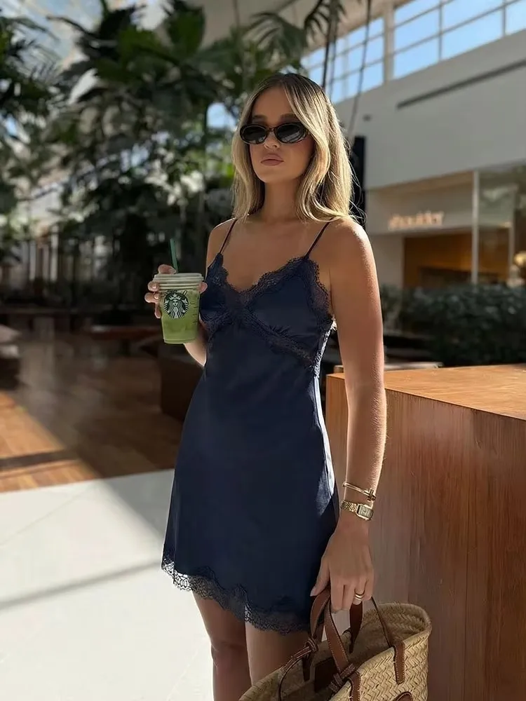 HH Women Sexy Lace Spliced Dress Elegant Solid Asymmetry Hem Dress Backless Sleeveless V Neck Mini Dresses Party Evening Dress