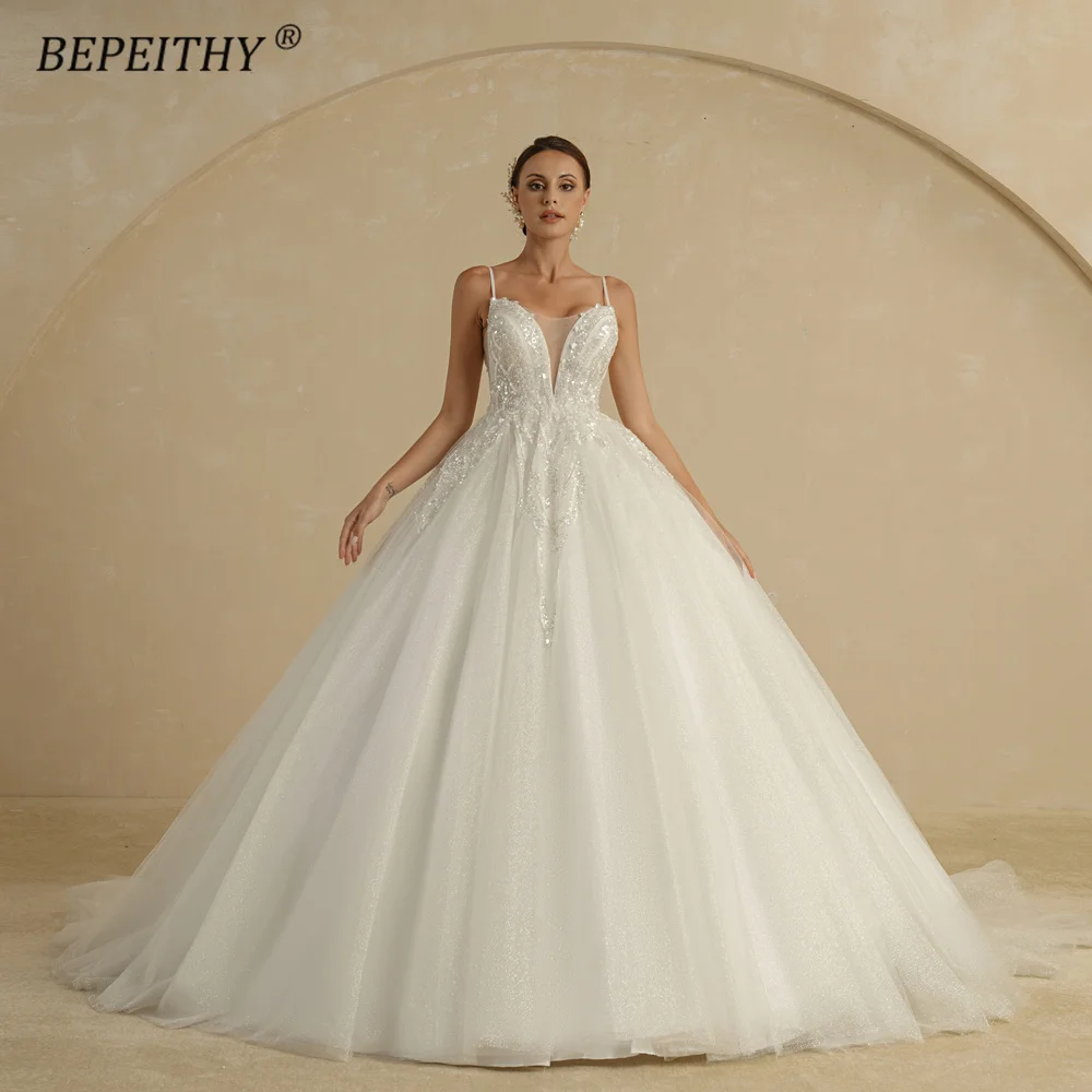 BEPEITHY Luxury Ivory Wedding Dresses For Women Spaghetti Straps V Neck Court Train Glitter Bride Beading Bridal Ball Gown