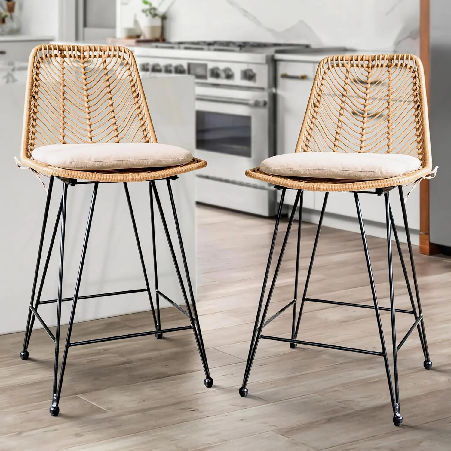 Premium 400lbs Capacity Rattan Bar Stools Set of 2, 42-Inch Height Outdoor Bar Stools with Comfort Cushion, Solid Steel Frame