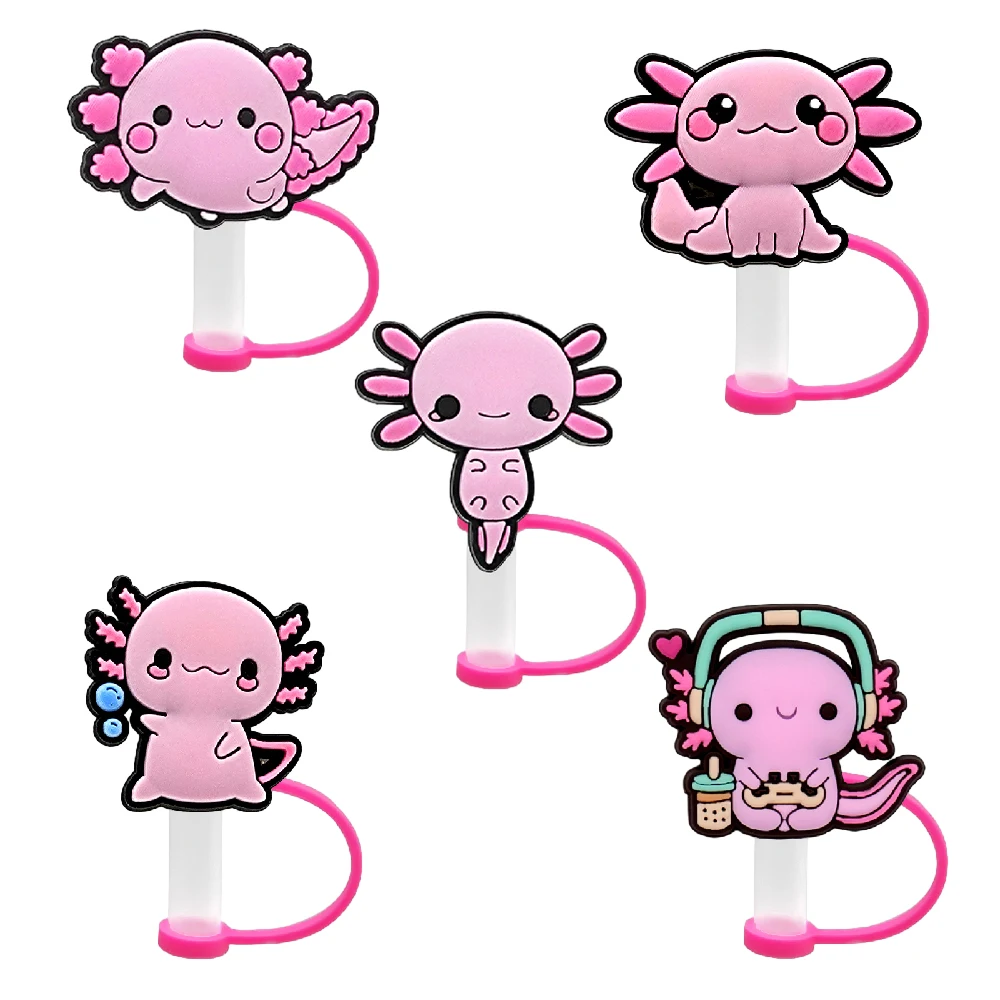 Silicone Cute Animals Straw Caps 8mm Pink Salamander Cats Butterfly Straw Toppers Cover Tumbler Cup Accessories Dust-proof 5pcs